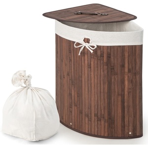 image:imageGiantex Corner Laundry Hamper with Lid 15 Gal Bamboo Laundry Basket with Removable Liner amp Portable Handle Triangle Clothes Hamper for Small Spaces Bedroom Bathroom Laundry Living RoomBrown