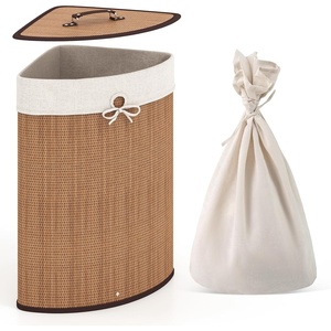 image:imageGiantex Corner Laundry Hamper with Lid 15 Gal Bamboo Laundry Basket with Removable Liner amp Portable Handle Triangle Clothes Hamper for Small Spaces Bedroom Bathroom Laundry Living RoomBamboo