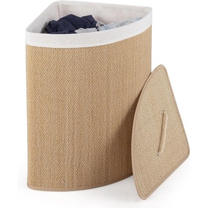 image:imageGiantex Corner Laundry Hamper with Lid 15 Gal Bamboo Laundry Basket with Removable Liner amp Portable Handle Triangle Clothes Hamper for Small Spaces Bedroom Bathroom Laundry Living RoomNatural Beige