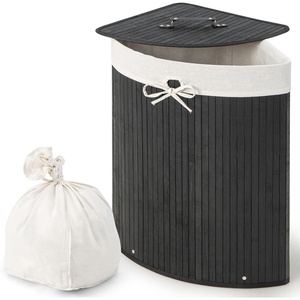 image:imageGiantex Corner Laundry Hamper with Lid 15 Gal Bamboo Laundry Basket with Removable Liner amp Portable Handle Triangle Clothes Hamper for Small Spaces Bedroom Bathroom Laundry Living RoomBlack