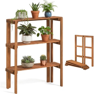 image:imageGiantex Foldable Plant Shelf 3Tier Solid Wood Indoor Outdoor Flower Pot Display Rack Corner Storage Bookshelf Freestanding Tiered Plant Stand for Garden Patio Balcony No Assembly3Tier