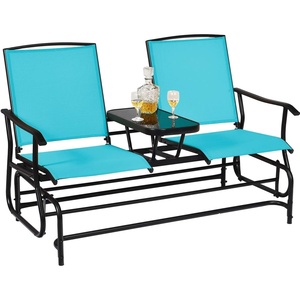 image:imageGiantex Patio Bench Glider Chair with Metal Frame Center Tempered Glass Table Outside Double Rocking Swing Loveseat for Porch Garden Poolside Balcony Lawn Rocker Outdoor Glider BenchGrayTurquoise