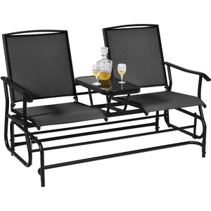 image:imageGiantex Patio Bench Glider Chair with Metal Frame Center Tempered Glass Table Outside Double Rocking Swing Loveseat for Porch Garden Poolside Balcony Lawn Rocker Outdoor Glider BenchGrayBlack