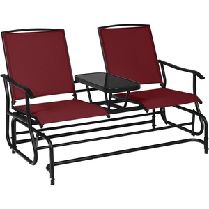 image:imageGiantex Patio Bench Glider Chair with Metal Frame Center Tempered Glass Table Outside Double Rocking Swing Loveseat for Porch Garden Poolside Balcony Lawn Rocker Outdoor Glider BenchGrayBurgundy