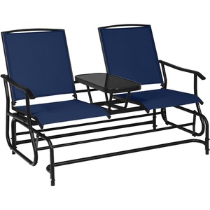 image:imageGiantex Patio Bench Glider Chair with Metal Frame Center Tempered Glass Table Outside Double Rocking Swing Loveseat for Porch Garden Poolside Balcony Lawn Rocker Outdoor Glider BenchGrayNavy