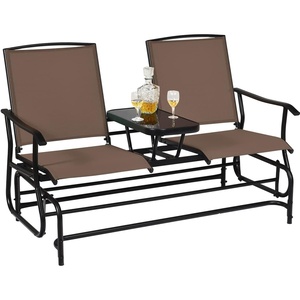 image:imageGiantex Patio Bench Glider Chair with Metal Frame Center Tempered Glass Table Outside Double Rocking Swing Loveseat for Porch Garden Poolside Balcony Lawn Rocker Outdoor Glider BenchGrayBrown