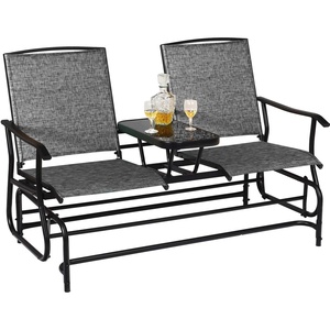 image:imageGiantex Patio Bench Glider Chair with Metal Frame Center Tempered Glass Table Outside Double Rocking Swing Loveseat for Porch Garden Poolside Balcony Lawn Rocker Outdoor Glider BenchGrayGrey