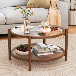 image:imageGiantex Rattan Coffee Table 415 Farmhouse Center Table with Storage amp Frosted Tempered Glass Wood Boho Accent Cocktail Tea Table Modern Living Room Table for Small Spaces WalnutBrown