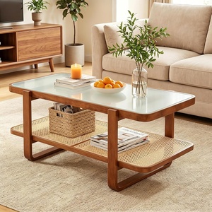 image:imageGiantex Rattan Coffee Table 415 Farmhouse Center Table with Storage amp Frosted Tempered Glass Wood Boho Accent Cocktail Tea Table Modern Living Room Table for Small Spaces WalnutWalnut