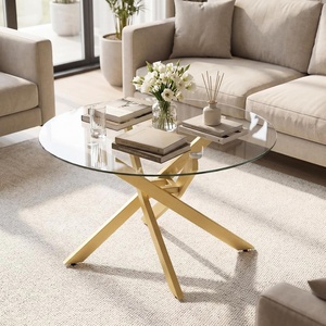 image:imageGiantex Round Glass Coffee Table 315 Modern Center Table with Tempered Glass Top amp Geometric Metal Frame Clear Accent Cocktail Table Small Coffee Table for Living Room Small Spaces SilverGold