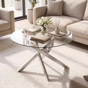 image:imageGiantex Round Glass Coffee Table 315 Modern Center Table with Tempered Glass Top amp Geometric Metal Frame Clear Accent Cocktail Table Small Coffee Table for Living Room Small Spaces SilverSilver
