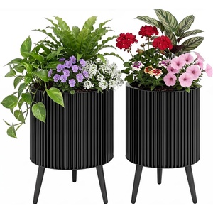 image:imageGiantex Set of 2 Flower Pots with Stand 14 amp 12 Metal Plant Stand with Drainage Holes Modern Fluted Plant Holder Indoor Outdoor Planter Pot for Hallway Living Room Garden PatioMedium
