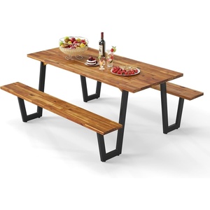 image:imageGiantex Single Picnic Table Bench Set Acacia Wood Outdoor Dining Table Set Heavy Duty Metal Frame Rectangular Tabletop for Porch Patio Lawn Garden 275x32x29571x30x30