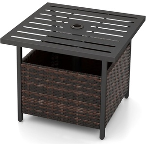 image:imageGiantex Umbrella Table Outdoor Side Table with 2 Umbrella Hole Rattan Umbrella Stand Holder Heavy Duty Metal Frame Patio Bistro Table for Deck Garden Poolside Mix Gray HDPE TabletopMix Brown