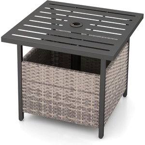 image:imageGiantex Umbrella Table Outdoor Side Table with 2 Umbrella Hole Rattan Umbrella Stand Holder Heavy Duty Metal Frame Patio Bistro Table for Deck Garden Poolside Mix Gray HDPE TabletopLight Gray