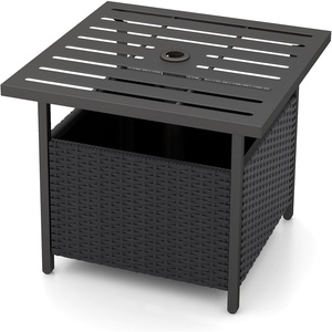 image:imageGiantex Umbrella Table Outdoor Side Table with 2 Umbrella Hole Rattan Umbrella Stand Holder Heavy Duty Metal Frame Patio Bistro Table for Deck Garden Poolside Mix Gray HDPE TabletopBlack