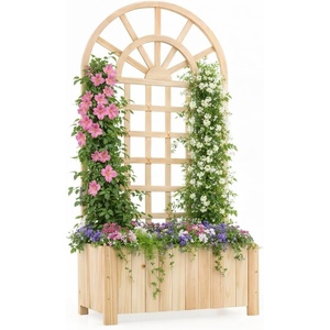 image:imageGiantex Wooden Raised Garden Bed with Arched Trellis Set 2 48 Fir Wood Outdoor Elevated Planter Box Privacy Screen wDrainage Hole Vertical Garden Bed for Climbing Plants Patio Balcony BackyardNatural
