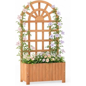 image:imageGiantex Wooden Raised Garden Bed with Arched Trellis Set 2 48 Fir Wood Outdoor Elevated Planter Box Privacy Screen wDrainage Hole Vertical Garden Bed for Climbing Plants Patio Balcony BackyardOrange