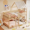 image:imageGiantex House Bunk Bed Twin Over Twin Solid Wood Floor Bunk Bed with Built in Ladder Window amp Safety Guardrail Wooden Kids Low Bunk Beds for Teens Boys amp Girls No Box Spring Needed WhiteNatural