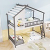 image:imageGiantex House Bunk Bed Twin Over Twin Solid Wood Floor Bunk Bed with Built in Ladder Window amp Safety Guardrail Wooden Kids Low Bunk Beds for Teens Boys amp Girls No Box Spring Needed WhiteWhite  Gray