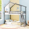 image:imageGiantex House Bunk Bed Twin Over Twin Solid Wood Floor Bunk Bed with Built in Ladder Window amp Safety Guardrail Wooden Kids Low Bunk Beds for Teens Boys amp Girls No Box Spring Needed WhiteWhite  Gray