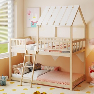 image:imageGiantex House Bunk Bed Twin Over Twin Solid Wood Floor Bunk Bed with Built in Ladder Window amp Safety Guardrail Wooden Kids Low Bunk Beds for Teens Boys amp Girls No Box Spring Needed WhiteNatural