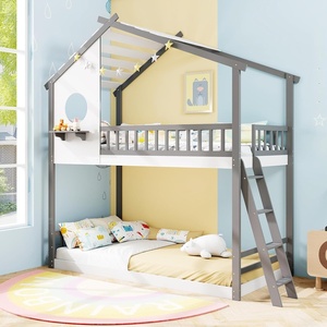 image:imageGiantex House Bunk Bed Twin Over Twin Solid Wood Floor Bunk Bed with Built in Ladder Window amp Safety Guardrail Wooden Kids Low Bunk Beds for Teens Boys amp Girls No Box Spring Needed WhiteWhite  Gray