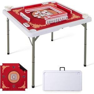 image:imageGiantex Folding Mahjong Table 35 Square Card Table with Cup Holders Removable Noise Reduction Mat HDPE Tabletop 4Player Portable Domino Tables for Poker Blackjack Board Game RedRed