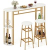 image:imageGiantex 3Pieces Bar Table Set for 2 60 Pub Tables with 2 Padded Stools Faux Marble Tabletop Storage Shelves NonSlip Foot Pads Dining Table Set for Dinette Dining Room Golden and WhiteGolden and White