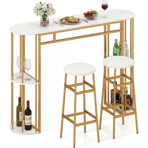 image:imageGiantex 3Pieces Bar Table Set for 2 60 Pub Tables with 2 Padded Stools Faux Marble Tabletop Storage Shelves NonSlip Foot Pads Dining Table Set for Dinette Dining Room Golden and WhiteGolden and White