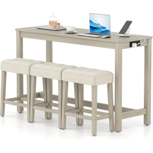 image:imageGiantex 4Pieces Bar Table Set with Charging Station 59inches Dinner Tables with 3 Padded Stools Adjustable Foot Pads SpaceSaving Dining Table Set for Dinette Dining Room Kitchen