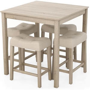 image:imageGiantex 5Piece Bar Table Set with 35x35 Square Table 18x11 Padded Stools Rubber Wood Legs Footrest Bar Table and Chairs Set for Kitchen Dinette Small Space Dining Table Set for 4