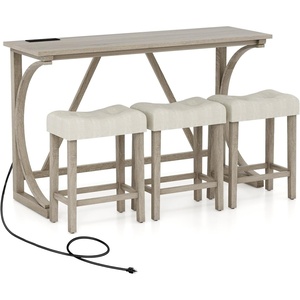 image:imageGiantex Small Dining Table Set  4Piece Bar Table and Chairs Set with Power Outlet Upholstered Saddle Seat Stools Counter Height Dining Table Set Breakfast Nook for 3 People Kitchen Table Set