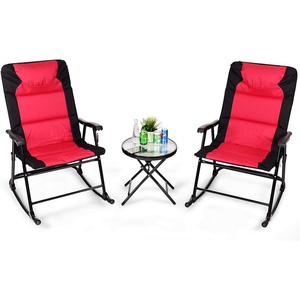 image:imageGiantex 3 PCS Folding Bistro Set Outdoor Patio Rocking Chairs Round Table Set 2 Rocking Chairs wGlass Coffee Table for Yard Patio Deck Backyard Padded Seat Red amp BlackRed  Black
