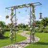 image:imageGiantex 84 Garden Arbor with Bird Feeding Station Metal Arch Trellis with 7 Hanging Hooks Detachable Mesh Trays and Water Bowl Outdoor Archway for Climbing Plants Backyard and Garden Decor