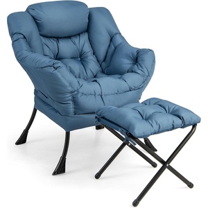 image:imageGiantex Lazy Chair with Ottoman Accent Sofa Chair with Folding Footrest Side Storage Pocket Upholstered Leisure Lounge Armchair with Stool for Bedroom Living Room Office BlueNavy