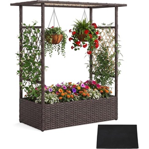 image:imageGiantex Raised Garden Bed with Trellis amp Hanging Roof Rattan Elevated Planter Box with Liner for Climbing Plants Flowers Vegetables Outdoor PE Rattan Planting Box for Backyard Patio amp Porch1