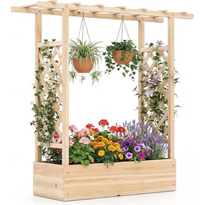 image:imageGiantex Wooden Raised Garden Bed with Trellis amp Hanging Roof Fir Wood Planter Box 45 Freestanding Elevated Garden Bed for Outdoor Climbing Plants Vegetables Flowers Patio amp Balcony NaturalNatural
