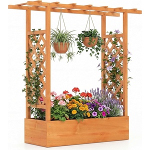 image:imageGiantex Wooden Raised Garden Bed with Trellis amp Hanging Roof Fir Wood Planter Box 45 Freestanding Elevated Garden Bed for Outdoor Climbing Plants Vegetables Flowers Patio amp Balcony NaturalOrange